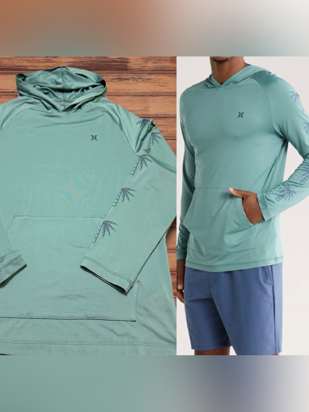 Hurley Men’s Teal Hoodie with Palm-Print Sleeve M